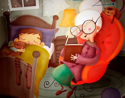 bedstemor læser godnathistorie