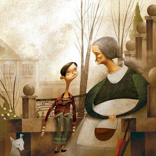 bedstemor sidder med sit barnebarn