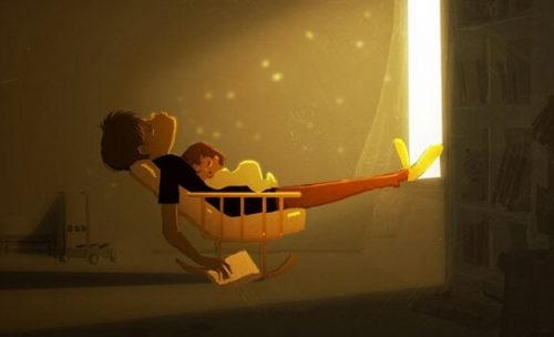 Udmattet og træt far med baby