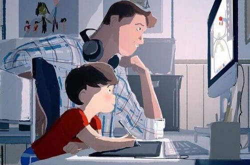 far og søn spiller computer sammen