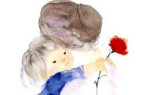 tegning af mor, der krammer barn, der holder en blomst