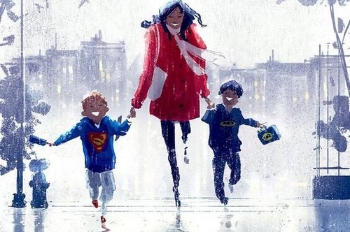 mor går tur med sine børn