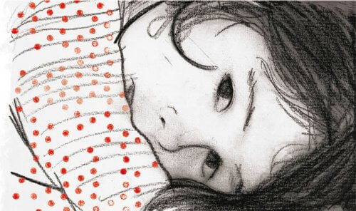 tegning af pige med rødprikket trøje