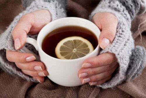 En varm kop te med en skive citron 