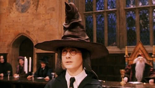 Harry med sorteringshat på hovedet