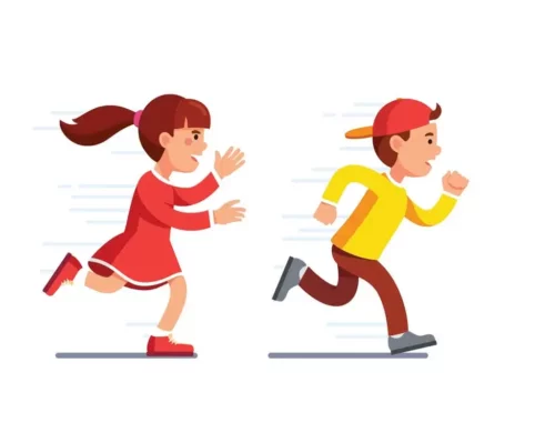 Tegning af dreng og pige, der løber