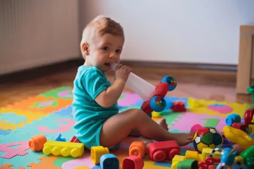 En baby leger selv på gulvet