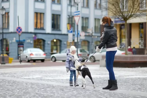En hund hilser på en pige på gaden